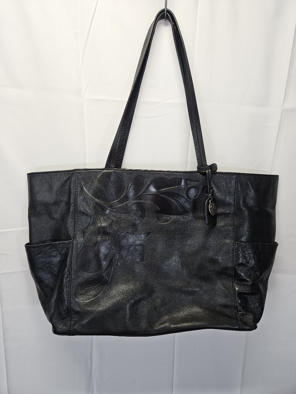 Jim Shore Designs Large Black Leather Tote Bag with Decorative Stitching